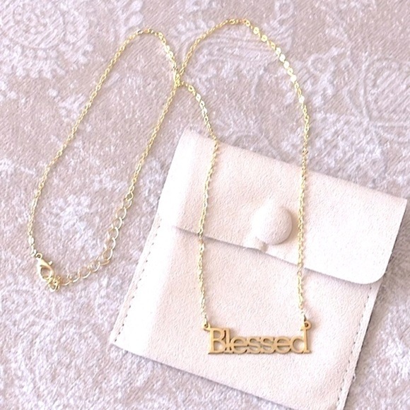 Brand New “Blessed” Gold Tone Word Necklace w/ Pouch - Picture 7 of 13